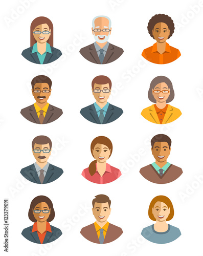 Business people vector avatars set. Business team icons. Men and women in suits, young and senior, caucasian and african american characters. Company staff profile pictures. Simple flat happy faces