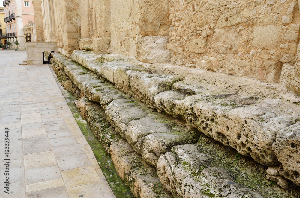 Medieval wall on the ancient basement