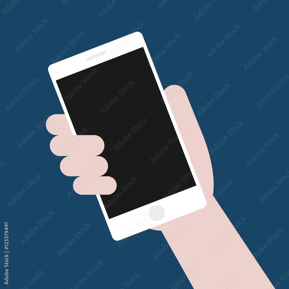Hand holding smart phone on red background. Flat design