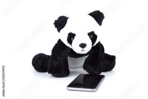 Panda with human daily activity on white isolated   photo