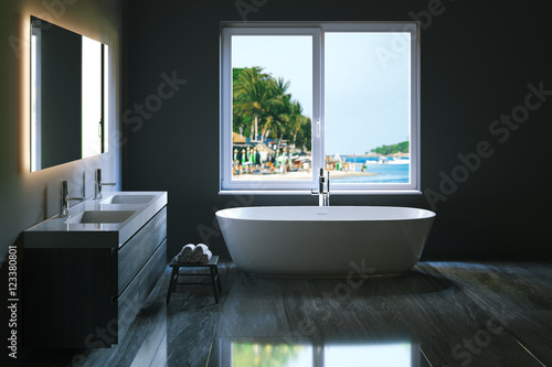 Elegant bathroom with tropical view window. 3d render