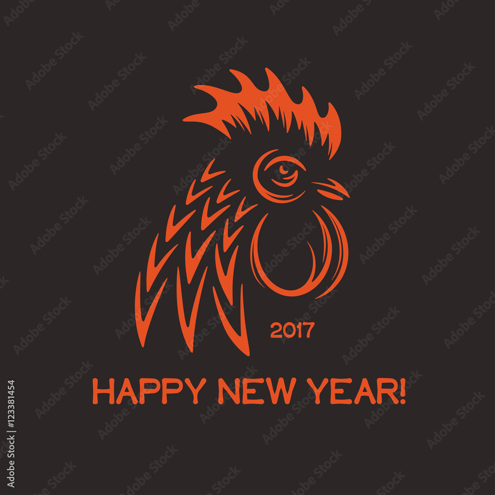 Happy new year greeting card with red rooster head and text. 2017. Vector vintage illustration. Happy new year greeting card with red rooster head and text. 2017. Vector vintage illustration.