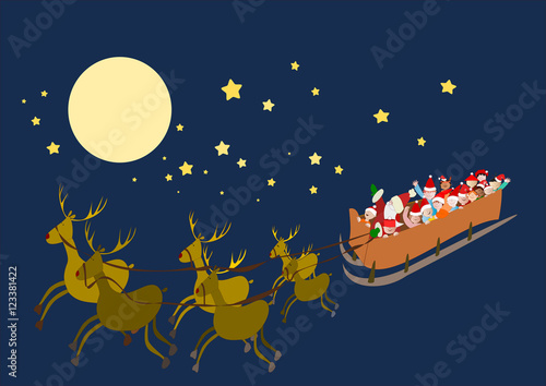 slitta volante con Babbo Natale e bambini