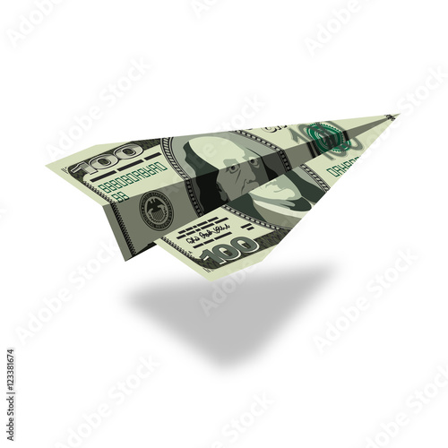 Aircraft dollars. Money banknote paper airplane. Financial illus