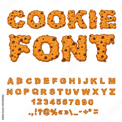 Fototapeta Naklejka Na Ścianę i Meble -  Cookies font. Biscuits with chocolate Drops alphabet. Letters of
