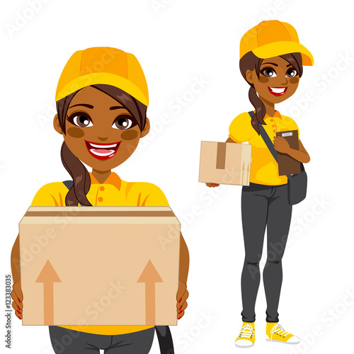 Young woman courier delivering cardboard box parcel in yellow and black uniform