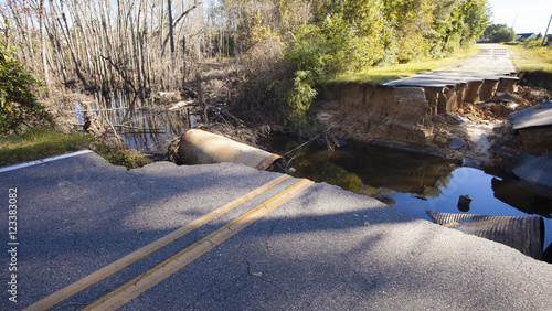 Road closed due to a complete washout near Raeford North Carolina during Hurricane Matthew