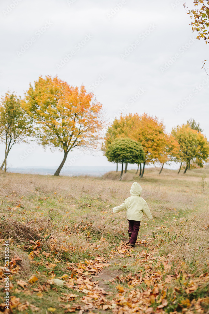 Little girl in the autumn park. run pathway Little girl in the autumn park. run pathway