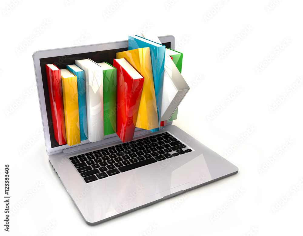 Fototapeta premium E-book library concept with laptop computer and books 