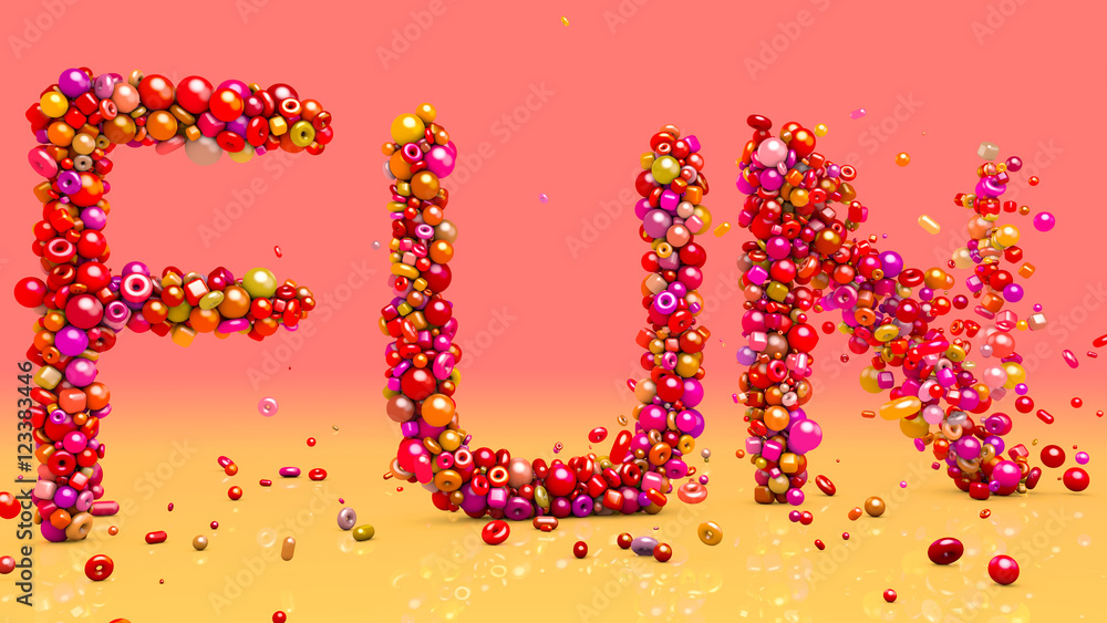 Fun. 3d render. Birthday, celebration, vacation, holiday background with text from candy Fun. 3d render. Birthday, celebration, vacation, holiday background with text from candy