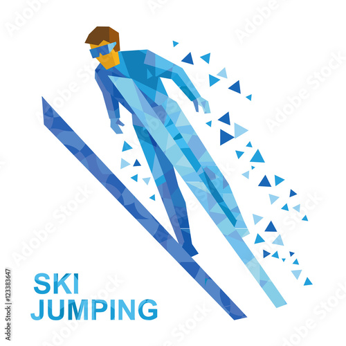 Winter sports - ski jumping. Cartoon skier with blue patterns during a jump. Flat style vector clip art isolated on white background