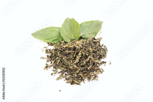 Fresh and dried mint on white background