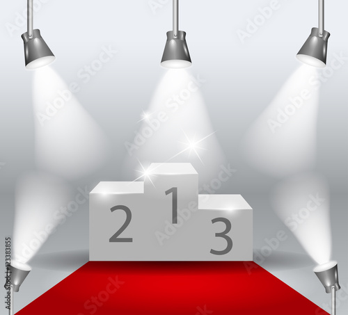 illuminated winners podium isolated with red carpet on grey background