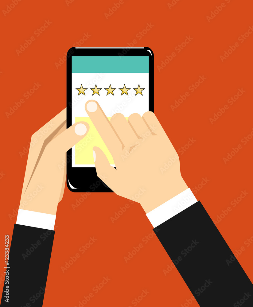 Hand holding and pointing to a smartphone with five star on the screen. Rating and review concept. Flat design Hand holding and pointing to a smartphone with five star on the screen. Rating and review concept. Flat design