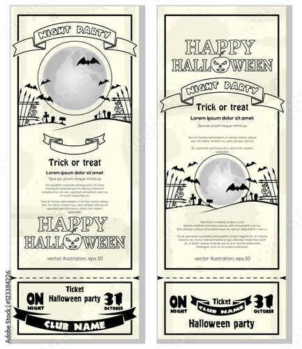 Template black and white flyer invitation for Halloween night party. Full moon over the cemetery. Vector illustration