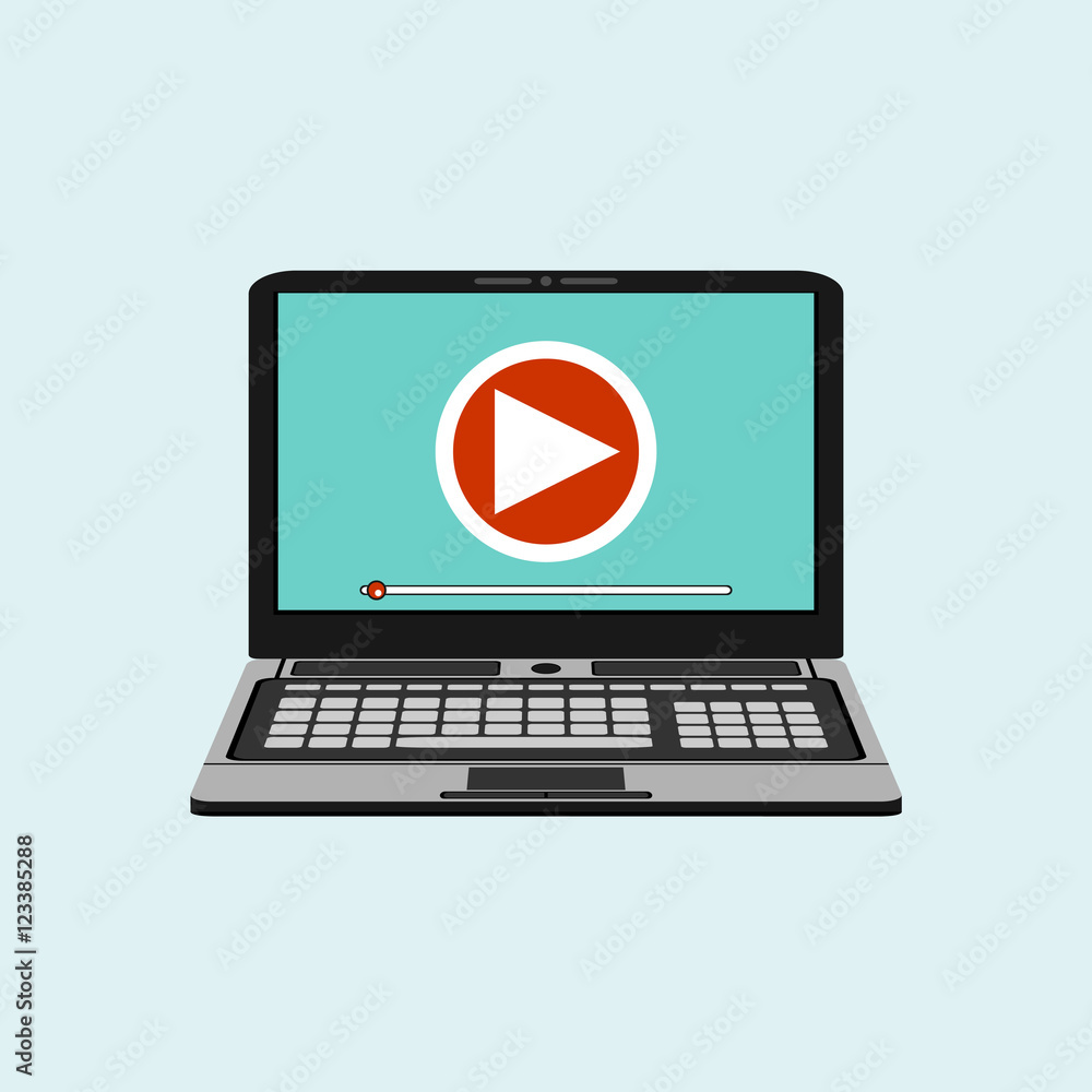 Laptop icon. Laptop with video player icon isolated. Play button symbol. Vector illustration Laptop icon. Laptop with video player icon isolated. Play button symbol. Vector illustration