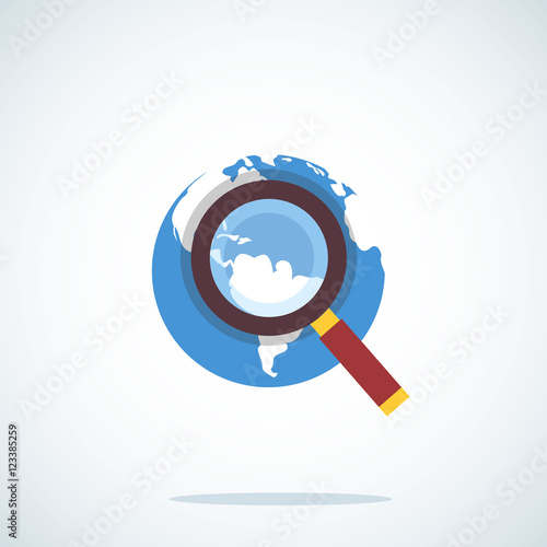 Vector planet Earth and magnifying glass icon.