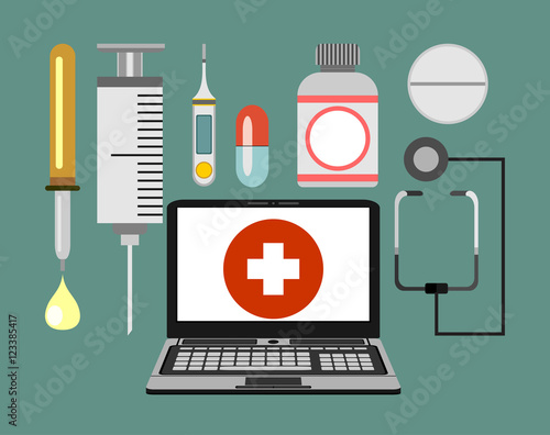 Computer laptop with medical sign icon concept of telemedicine and telehealth technology. Vector illustration