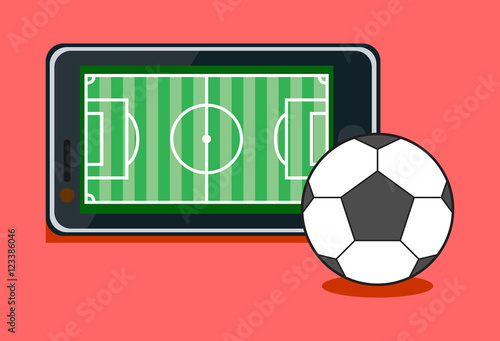 Mobile phone with football soccer ball and field on the screen. Sports theme and applications. Vector illustration