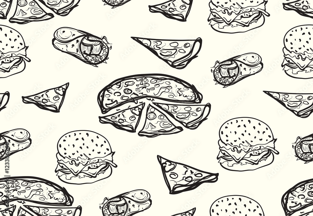 Hand drawn fast food pattern.