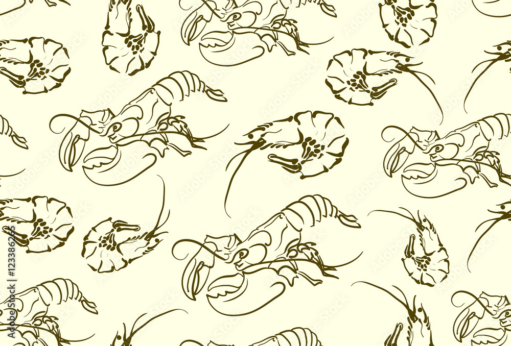 Delicious seafood characters seamless background with pattern of atlantic shrimps, prawns and lobsters