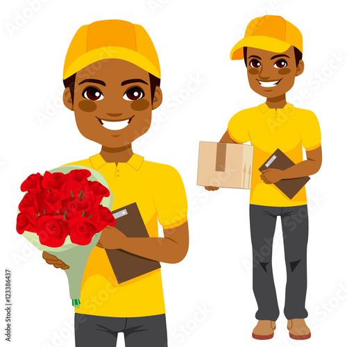 Young man courier delivering flowers and parcel cardboard box