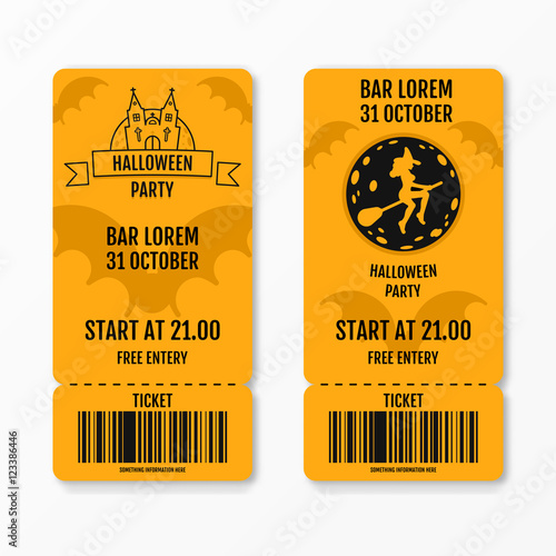 Set of halloween ticket on holiday party with castle church graves bats moon witch on a broomstick isolated. Flyer template design. Club event admission or entrance ticket layout. Vector illustration.