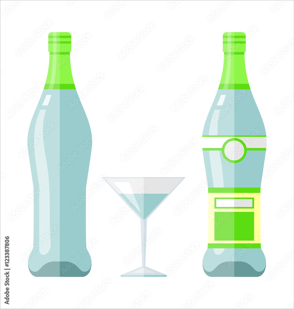 Bottle and glass of vermouth in flat design style. Bottle and glass of vermouth in flat design style.