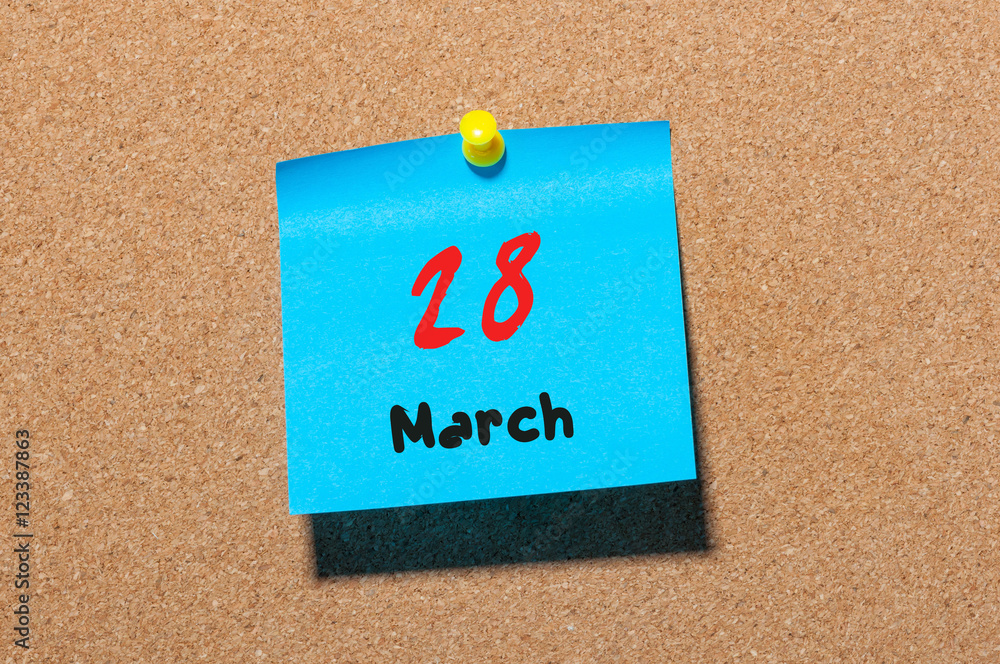 March 28th. Day 28 of month, calendar on cork notice board background. Spring time, empty space for text March 28th. Day 28 of month, calendar on cork notice board background. Spring time, empty space for text