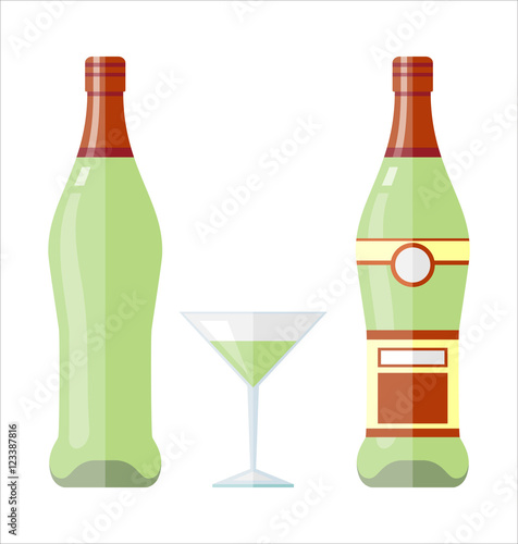 Bottle and glass of vermouth in flat design style.