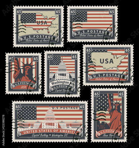 set of Postage stamps with the image of the United States of America architectural landmarks in retro style