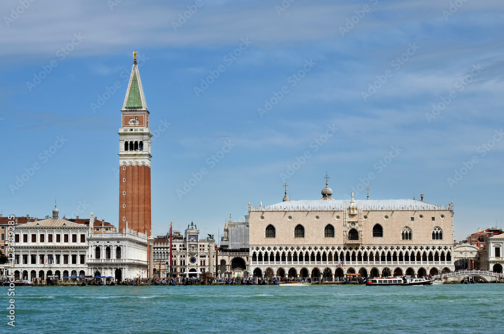 Fototapeta premium Piazza San Marco in Venice, Italy, main square of the city with the bell tower and Palazzo Ducale seen from the sea