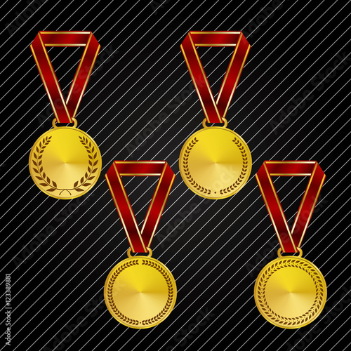 Different styles of medallion and medal with ribbons