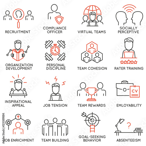 Vector set of 16 icons related to business management, strategy, career progress and business process. Mono line pictograms and infographics design elements - part 49