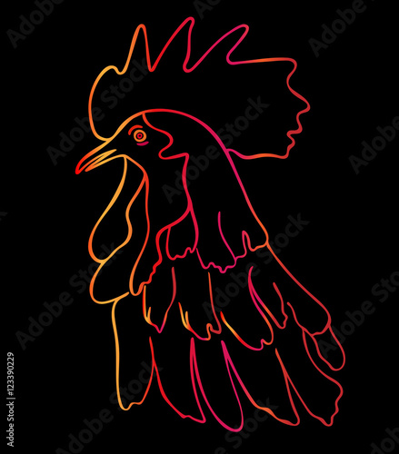 Silhouette of a rooster head.  Cock sketch, hand drawing. Symbol of New Year 2017. Vector. Color illustration, stylization