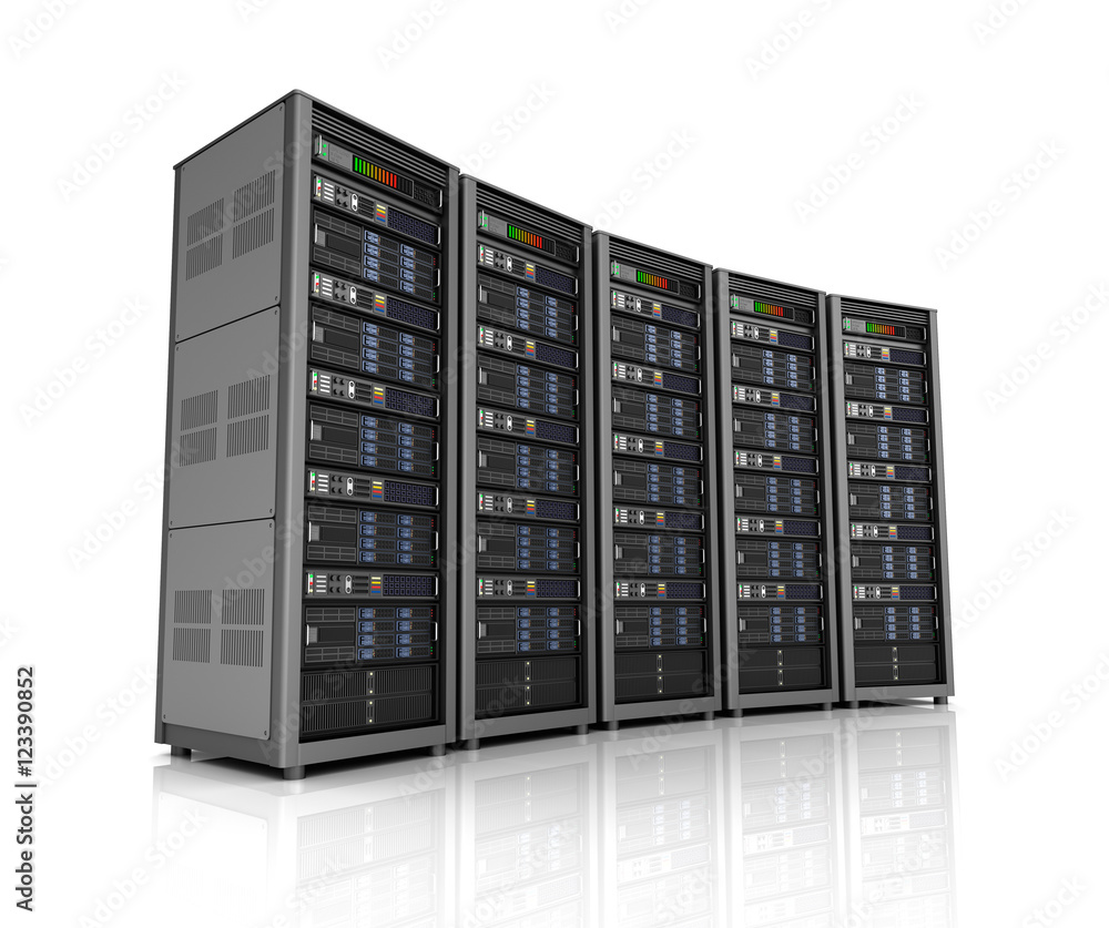 Row of network servers in data center isolated on white background . 3D illustration Row of network servers in data center isolated on white background . 3D illustration