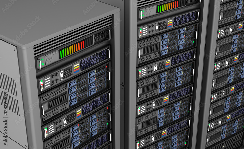 Row of network servers in data center isolated on white background . 3D illustration Row of network servers in data center isolated on white background . 3D illustration