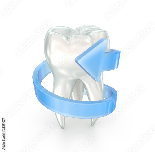 Tooth and spiral arrow, 3d illustration over white