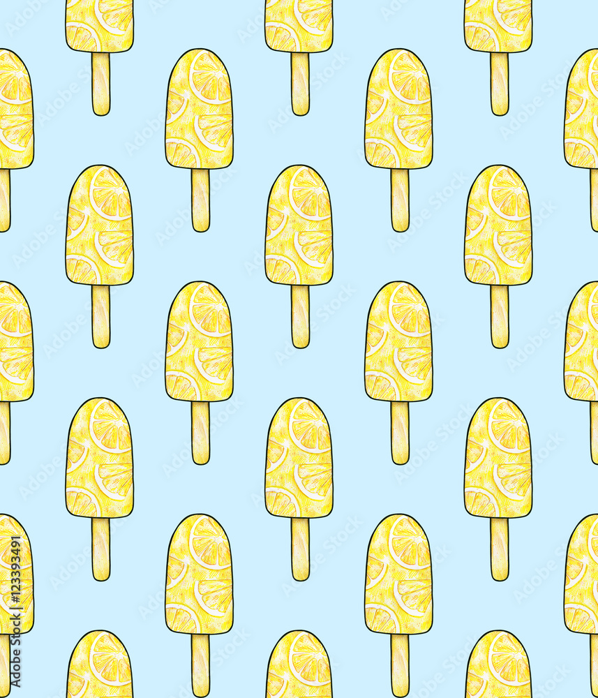 Ice cream with taste of a lemon isolated on light blue background. Food sweet drawing hand work. Seamless pattern for design print Ice cream with taste of a lemon isolated on light blue background. Food sweet drawing hand work. Seamless pattern for design print