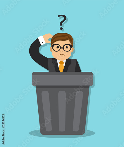 sad businessman sitting in a garbage can, and think why he was fired