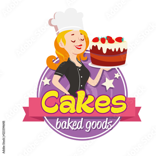 Vintage logo. Smiling woman in a cook cap with cake on white background