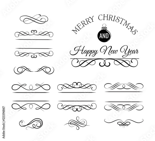 Christmas and New Year Greeting Card. Vintage and filigree decoration. Ornament frames and scroll swirls element. Filigree divider Calligraphic xmas curl and swirly line. christmas divider.