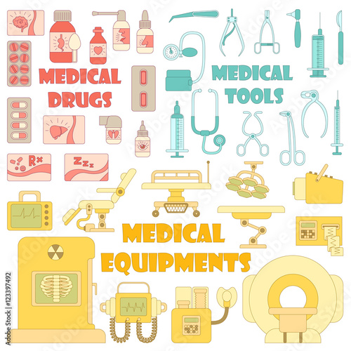 Medical tools equipment grugs icons set. Cartoon illustration of 37 medical tools equipment grugs vector icons for web