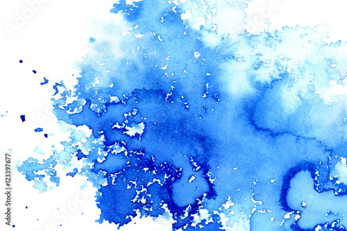 Blue watery illustration.Ink drawing.Abstract watercolor hand drawn image.Wet splash.White background.