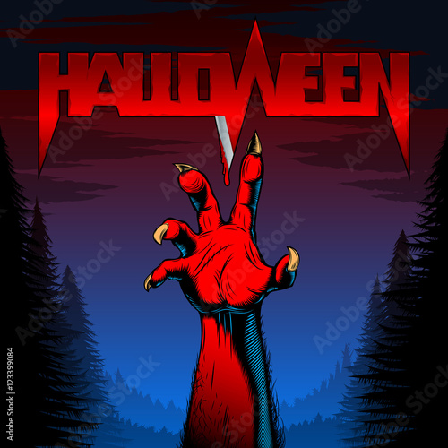 Halloween background with zombie hand in night forest with title of the evil spirits holiday with blood on the blade; Vector poster Eps8
