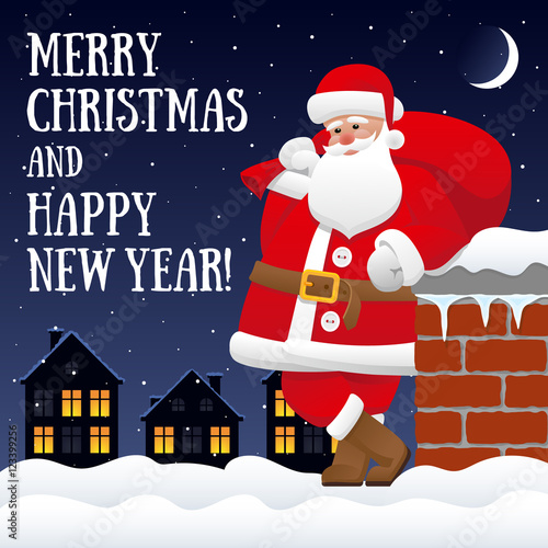 Christmas card with Santa Claus standing on the roof