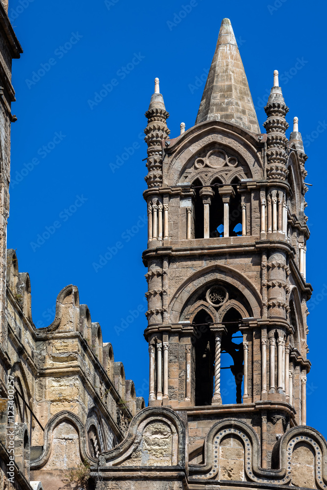 Tower of the Palermo Cathedral in Palermo, Sicily. The cathedral is characterized by the presence of different styles, due to a long history of additions, alterations and restorations.