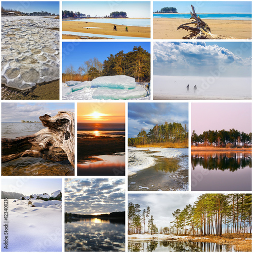 Collage with photos of the Siberian river Ob