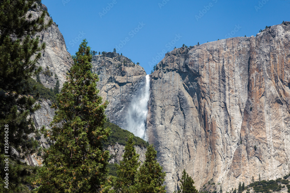 Upper Yosemite Falls under a Clear Blue Sky