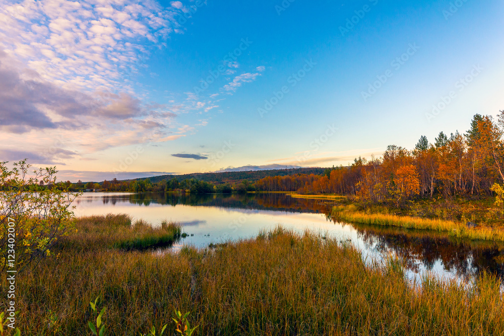 Autumn landscape. Lake in autumn forest